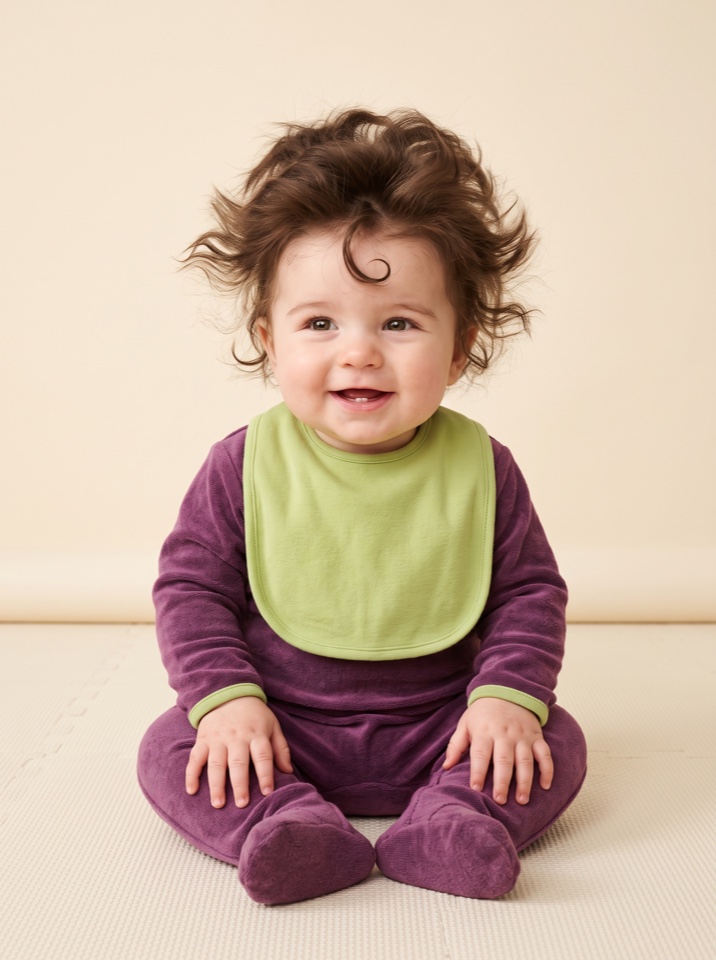 Baby Bertie Rook with a huge fluffy chestnut hairdo, a forehead curl and two tiny teeth, wearing a plum romper and lime-green bib.